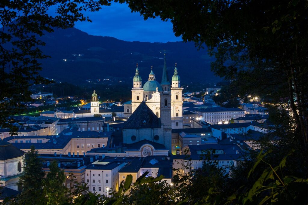 salzburg, austria, mönchberg, historic center, salzburg cathedral, architecture, night shot, building, dom, downtown, salzburg, salzburg, salzburg, salzburg, salzburg, austria