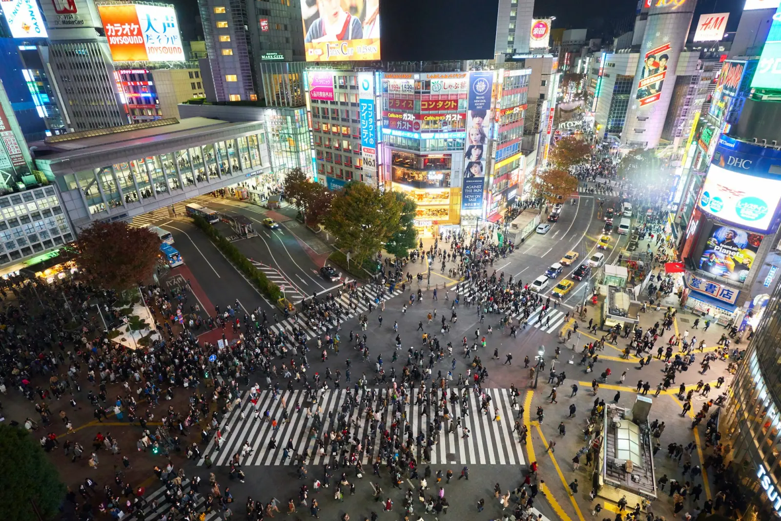 Crowds of people crossing the Shibuya scramble intersection surrounded by illuminated billboards