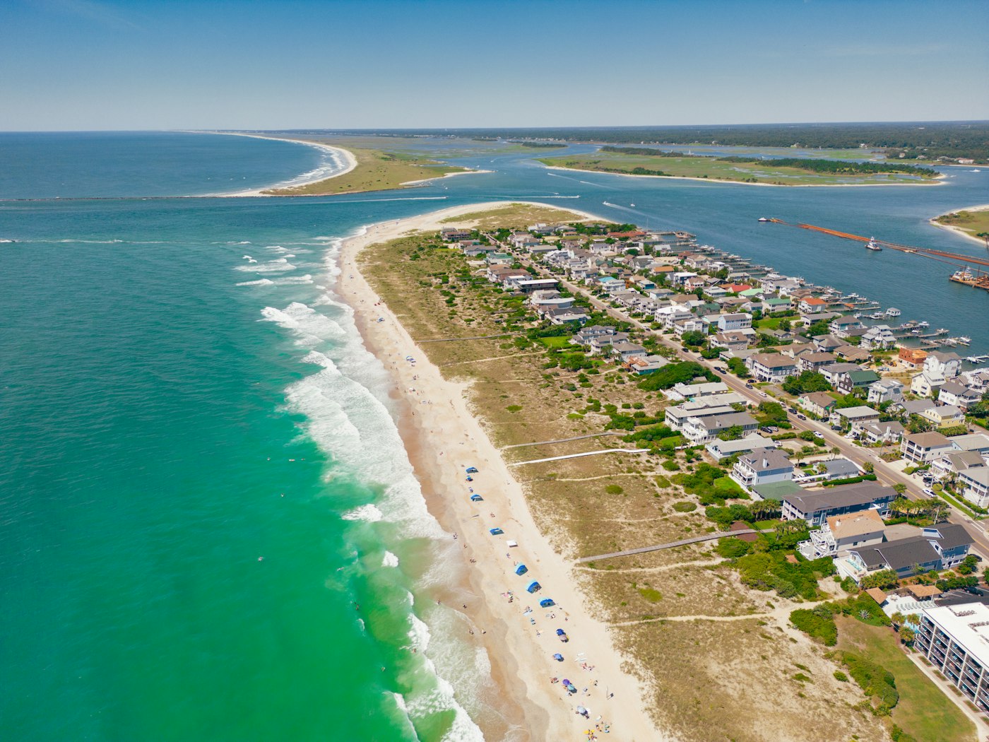 Aerial view of a beach town on a barrier island