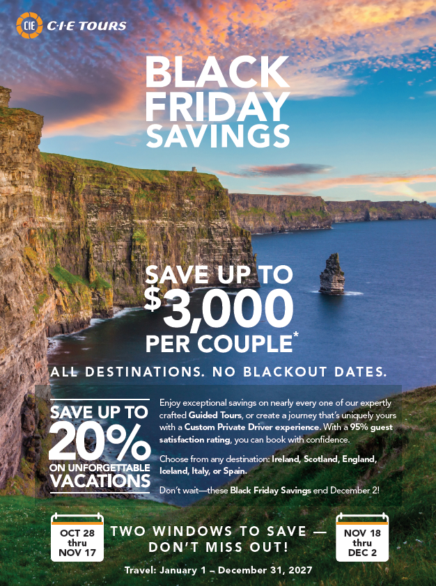 CIE Tours Black Friday Savings: save up to $3,000 per couple
