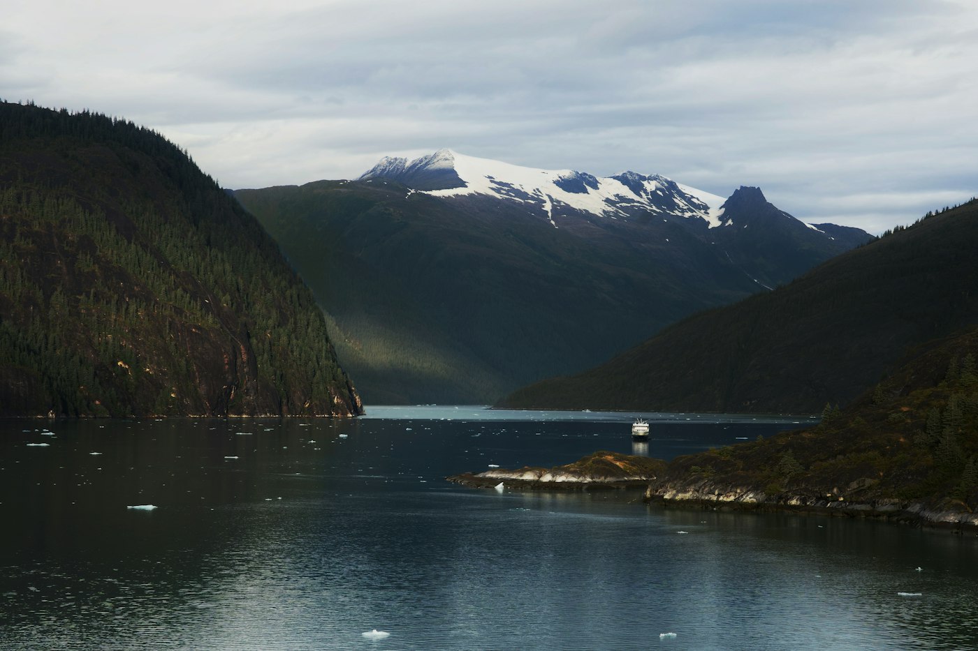 Cruise ship in a glacial fjord surrounded by snow-capped mountains